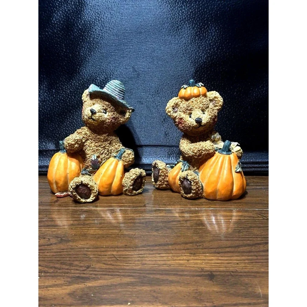 Vintage Large 6 Inch Homco Bear Figurine Set Autumn Thanksgiving Decor